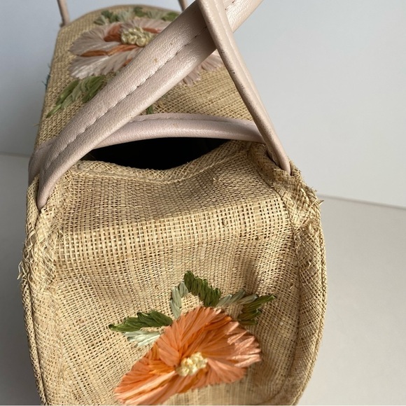 Vintage 50s 60s Straw Raffia Purse Floral Top Handle Bag Summer Beach Handbag - Picture 7 of 11